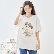 reve bleu フラワーベレー帽犬プリントTシャツ【M~L】ホワイト