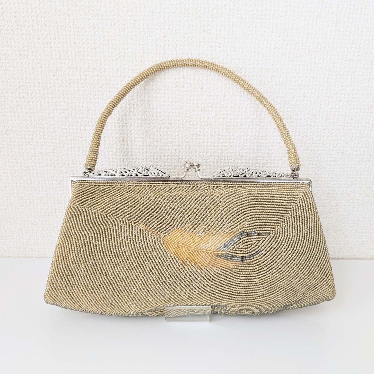 Vintage】ビーズ刺繍バッグ Beaded Bag 東京手刺繍 ベージュ 孔雀の 