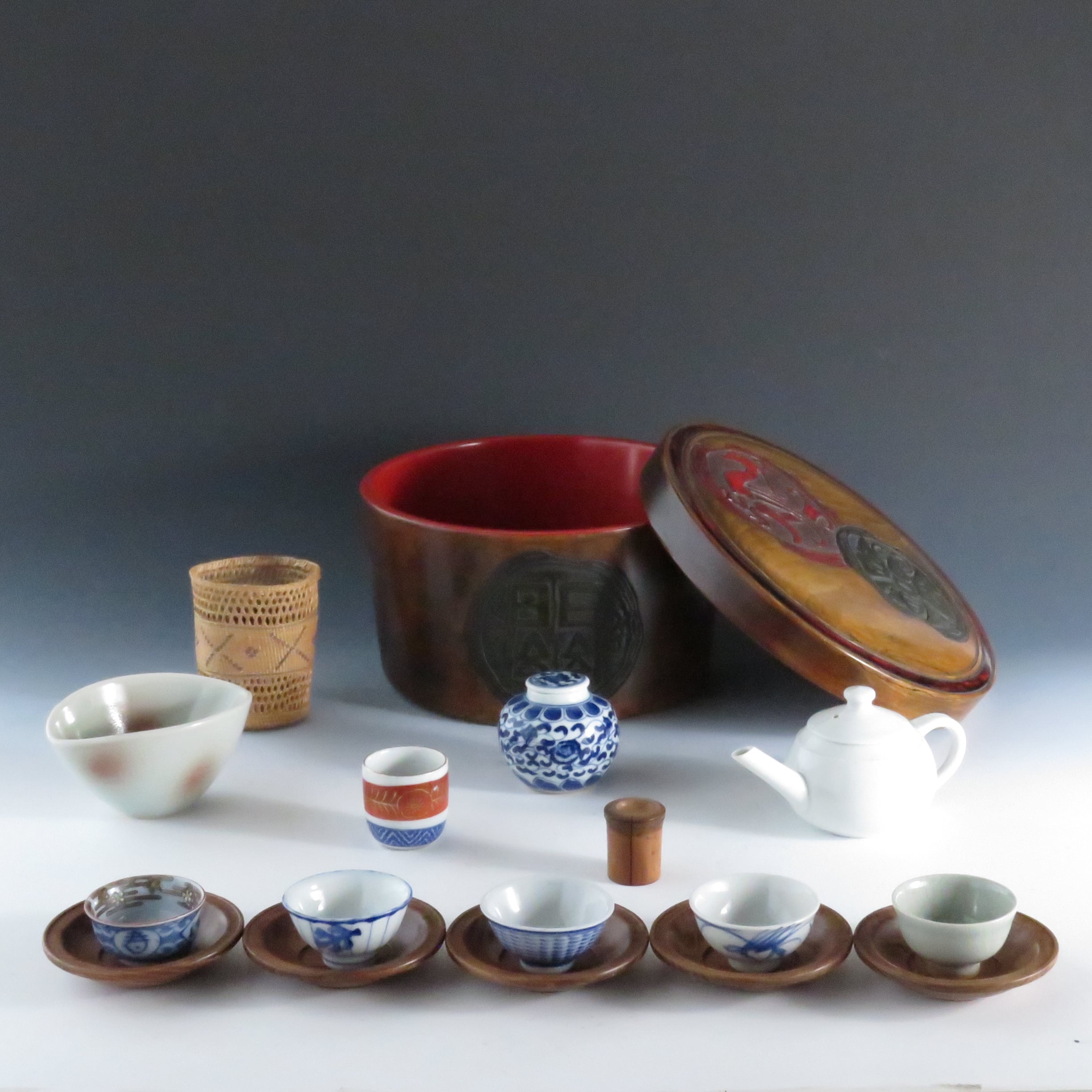 能狂言絵手塩皿　図変わり　陶器　時代物　煎茶器　玉露揃　茶器セット　アンティーク