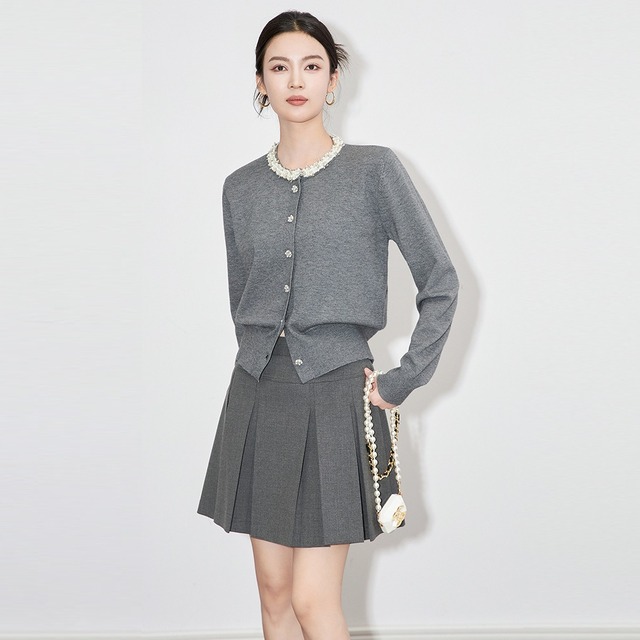 ビーズデコレーション クルーネック ニットカーディガン グレー NI00432