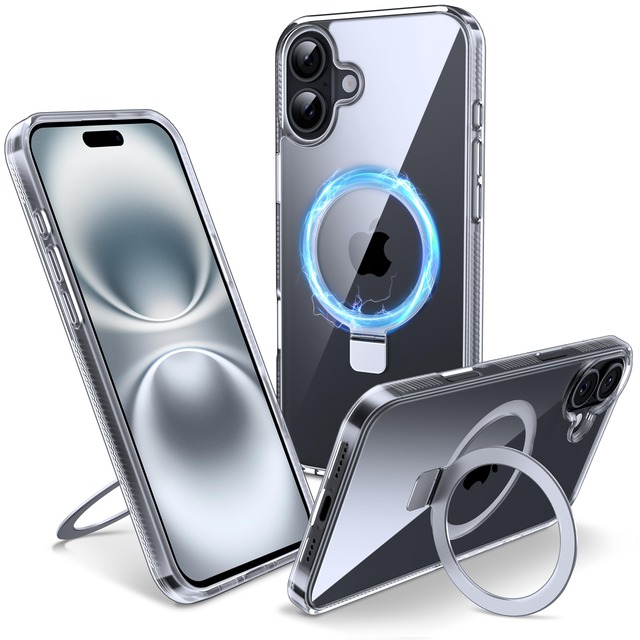 【隠しスタンド リング・MagSafe対応】Flyzooケース用のiPhone 16 [ワイヤレス充電対応 多機能一体] クリアで透明な 黄ばみ防止 米軍MIL規格 耐衝撃 高耐久性 傷つけ防止 滑り止めグリップ マグネットホルダースマホ保護カバー 6.1インチ(クリア)