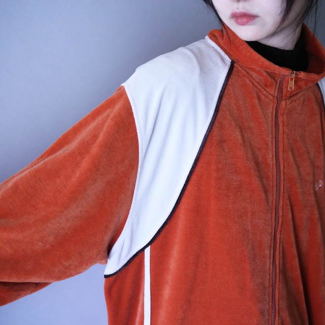 "orange×white" good coloring switching pattern over silhouette velours track jacket