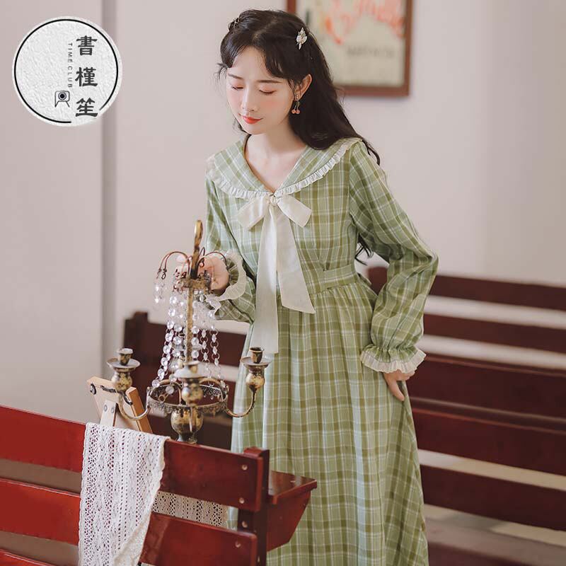 書槿笙シリーズ チェック柄ワンピース Jk風 ロングワンピース グリーン 緑 若見せ 着痩せ Elegant