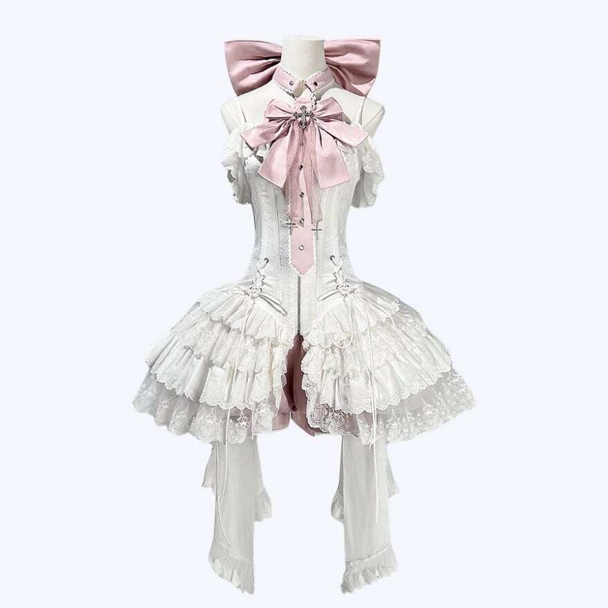 ロリータファッション 白薔薇リボンレースフリルOPセット | ロリィタ