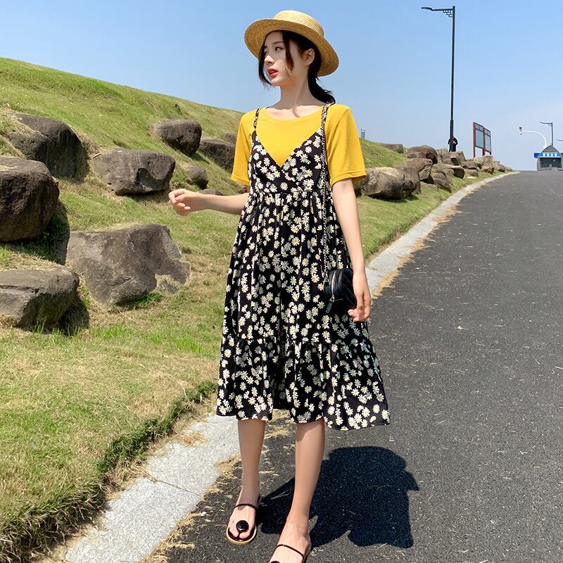 【新作】【送料無料】 マタニティウェア2020夏の新しいTシャツ+シフォンスモールデイジーミドル丈サスペンダースカート、ファッションのツーピースセット妊婦-アリババ サマー 夏物 expec293998570644