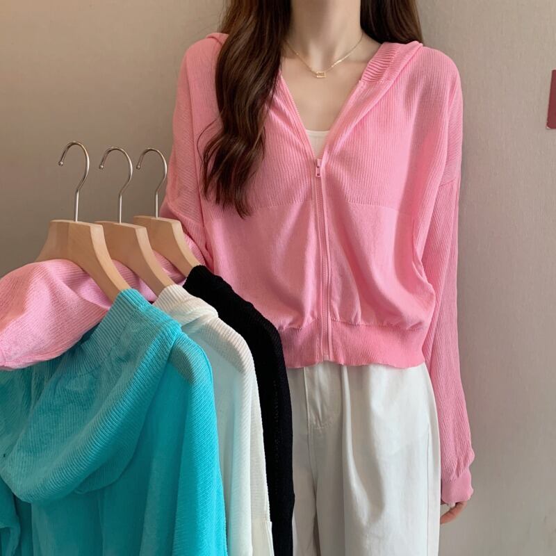 ニット サマー薄手ルーズショートフードジッパー長袖スリーブカーディガントップス ロング 夏物 1号婦人64820254281