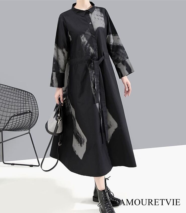 ワンピース シャツワンピース モノトーン ロング 黒 ブラックアシンメトリー モード系 ヴィジュアル系 865 Amouretvie 韓国系 モード系 個性的ファッションの通販サイト