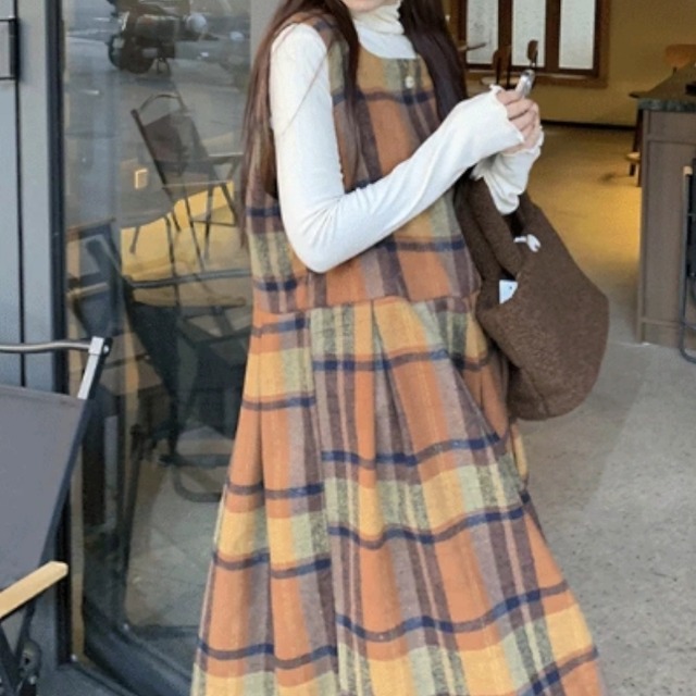 Amber Plaid Pinafore Maxi & Turtleneck Inset Two-Piece　S0356