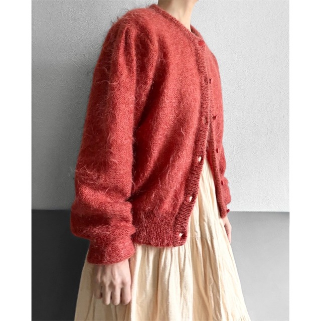 Orange  Mohair Knit Crew Neck Cardigan