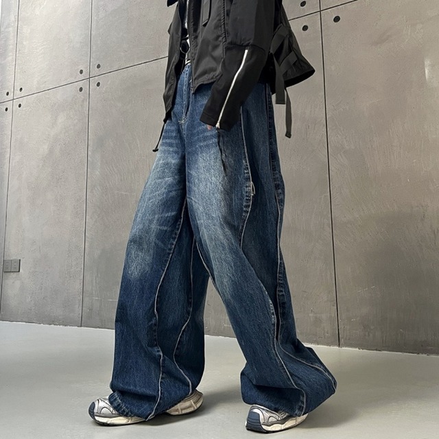 切り替えデザイン ワイドデニムパンツ 2カラー D10452