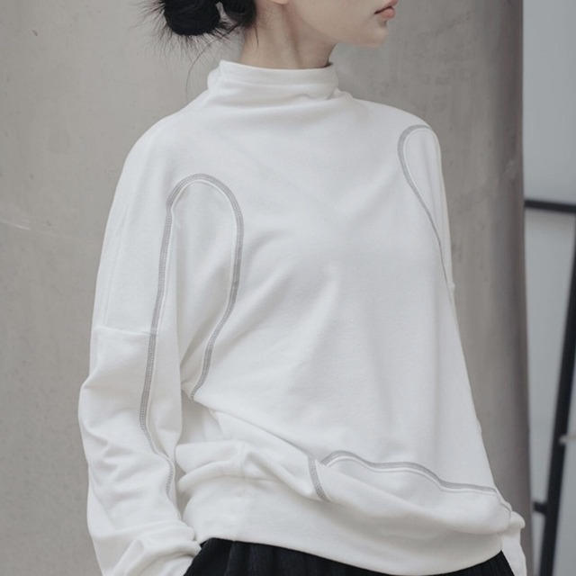 Drop shoulder high neck long sleeve top【2color】 C0828