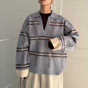 チェック柄スキッパーモヘアタッチknit/ペールブルー