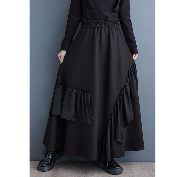 ASYMMETRIC RUFFLED HIGH WAIST A-LINE MAXI SKIRT M-18447
