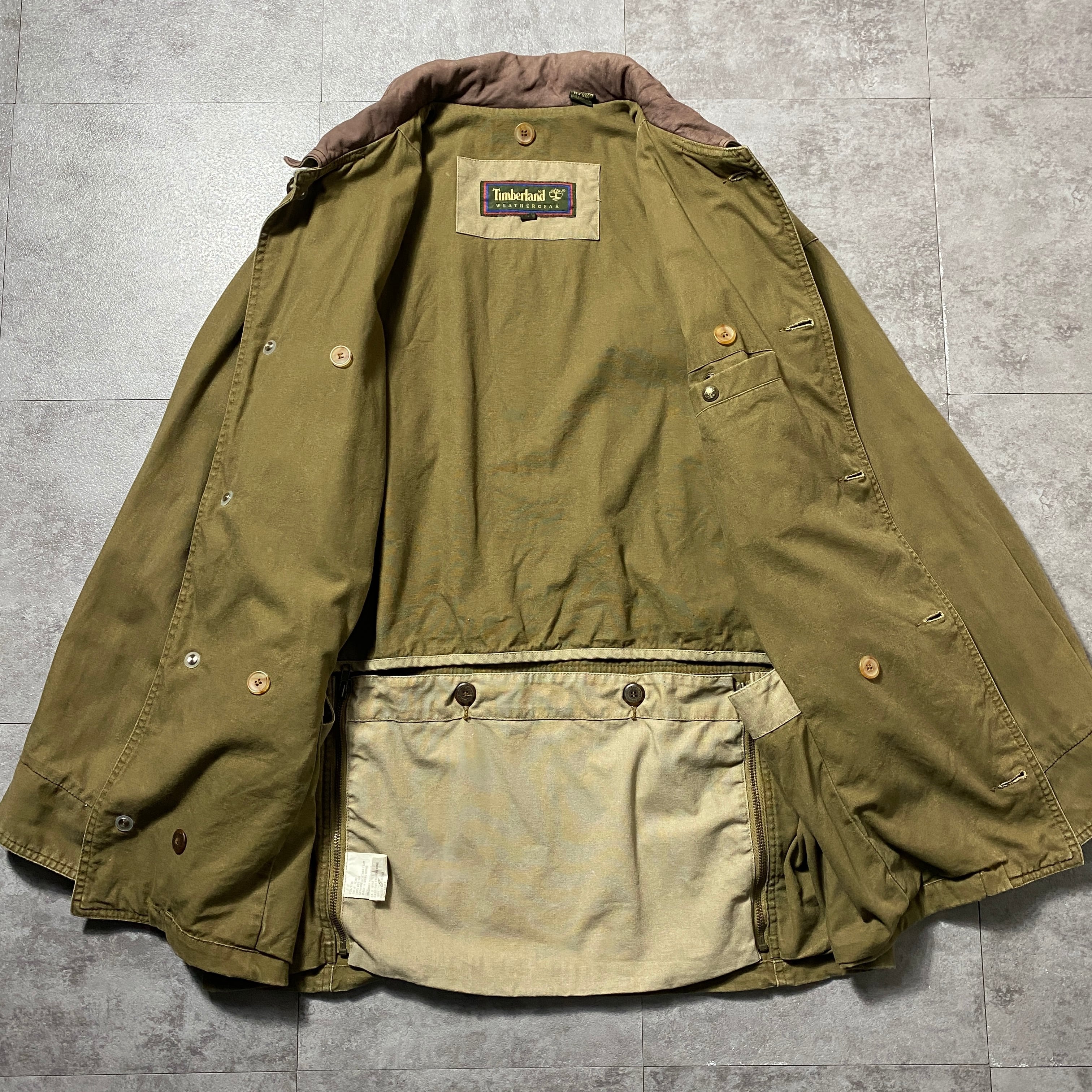 90's Timberland ティンバーランド レザー襟 メタルボタン ミドル丈