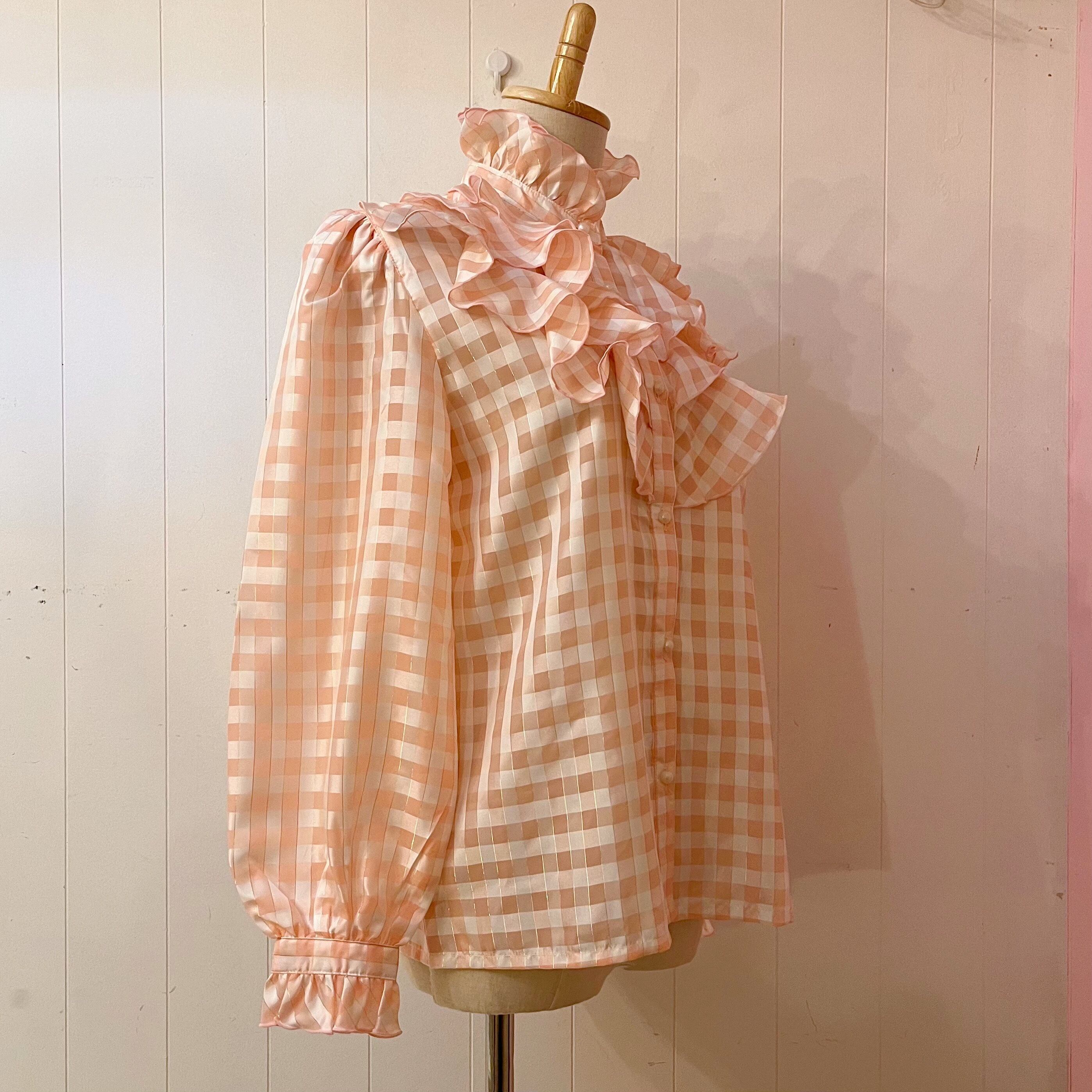 pink check frill stand collar blouse
