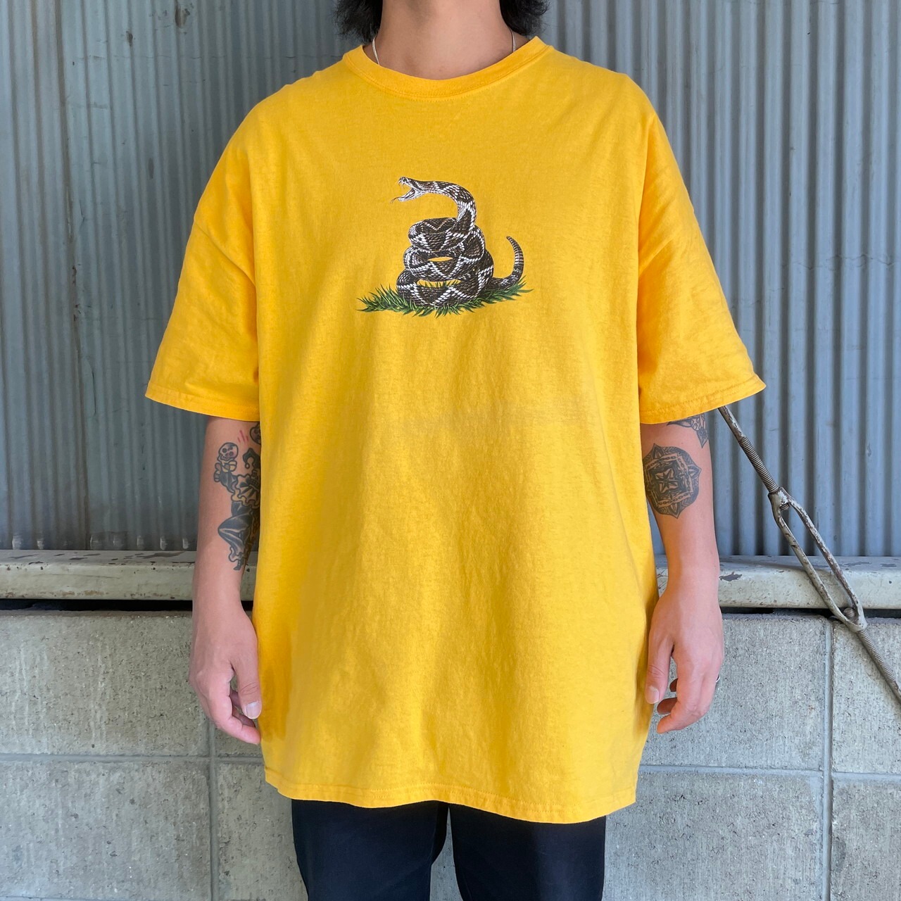 ビッグサイズ 蛇 アニマルTシャツ メンズ2XL 古着 イエロー 黄色 ヘビ 