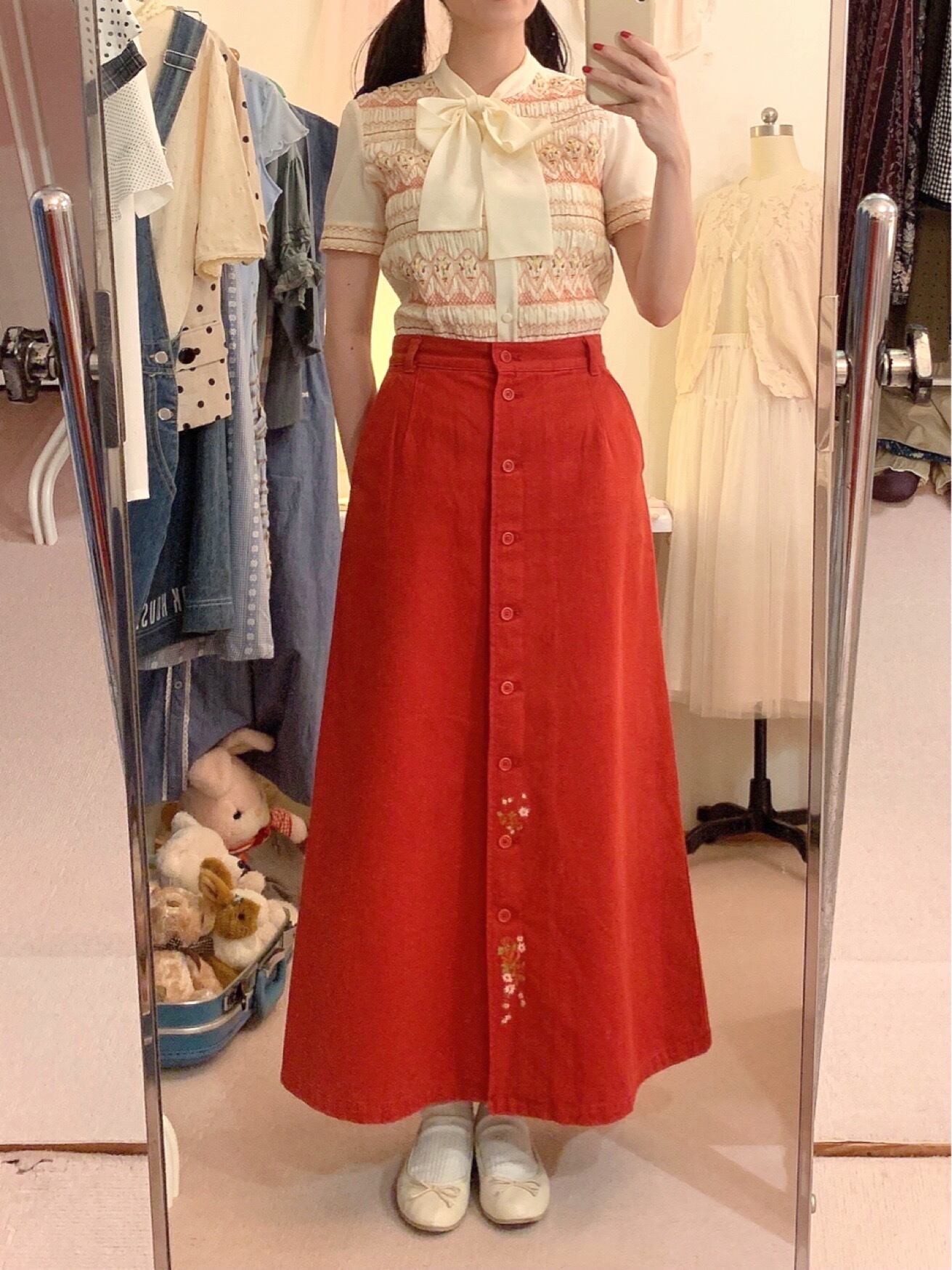 flower smocking big ribbon china blouse