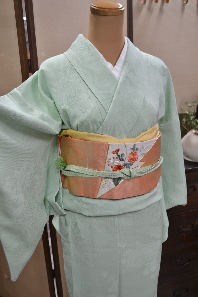 単衣 ミントグリーン 単着物 色無地 | アンティーク着物 侘びすけ 