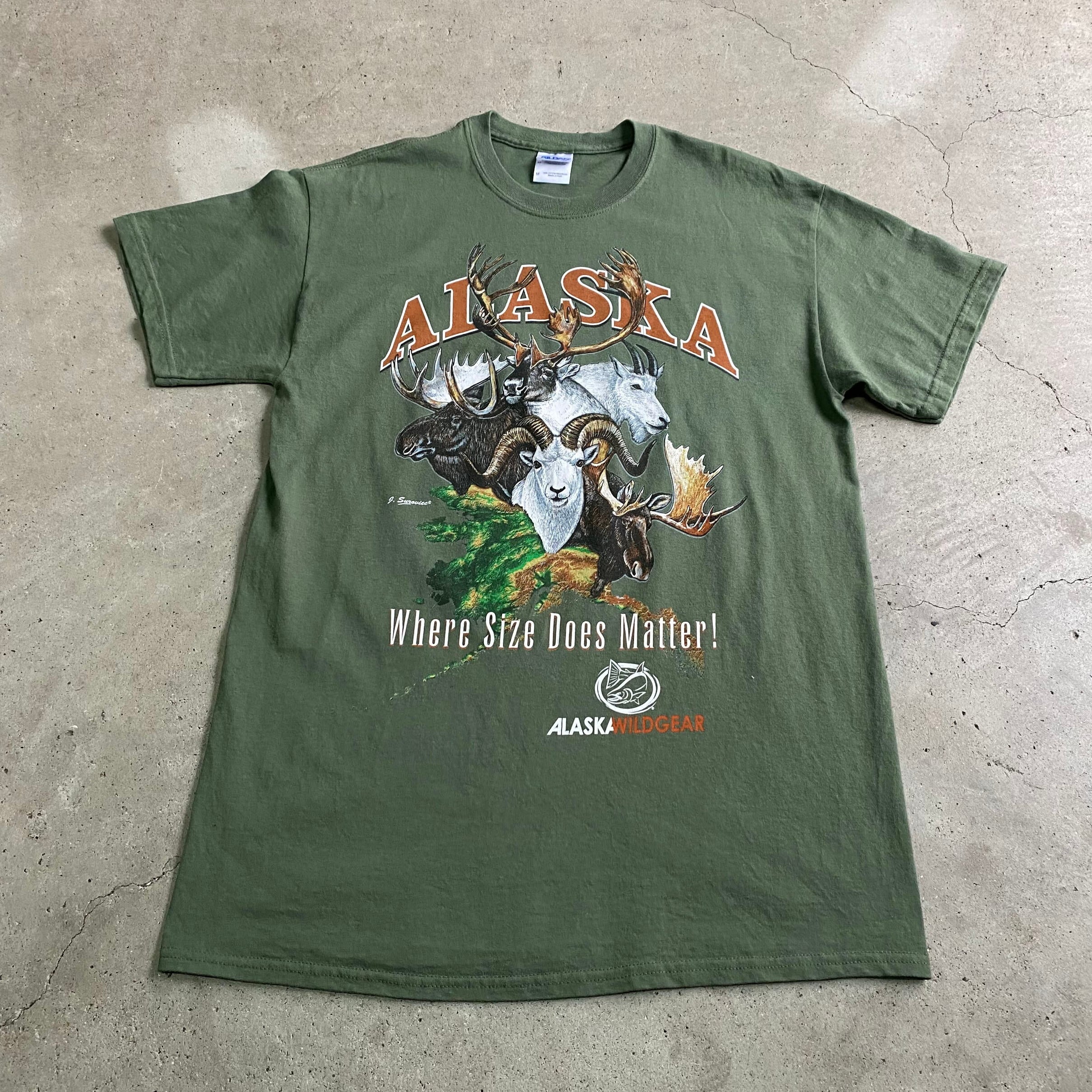 ”Alaska” 鹿 アニマル アートプリント スーベニアTシャツ メンズM 古着 グリーン 緑色【Tシャツ】【SS2207-50b】 | cave  古着屋【公式】古着通販サイト
