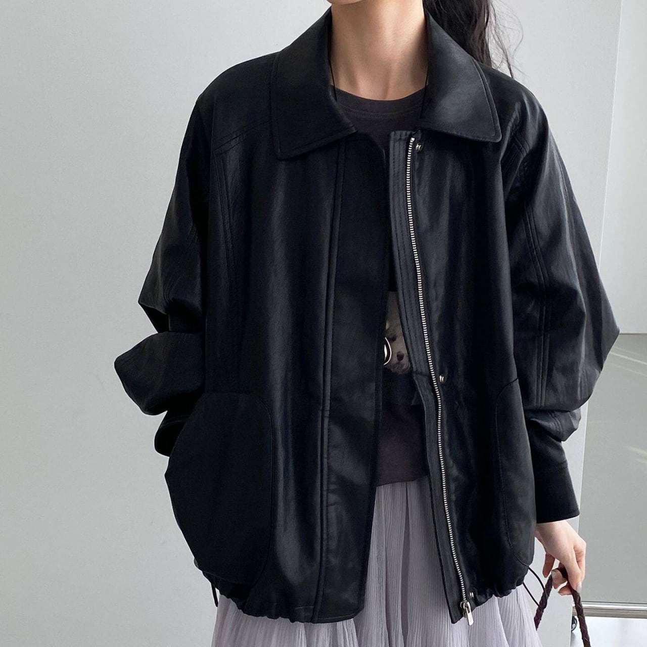 オーバーサイズフェイクレザージップショートブルゾン A02100