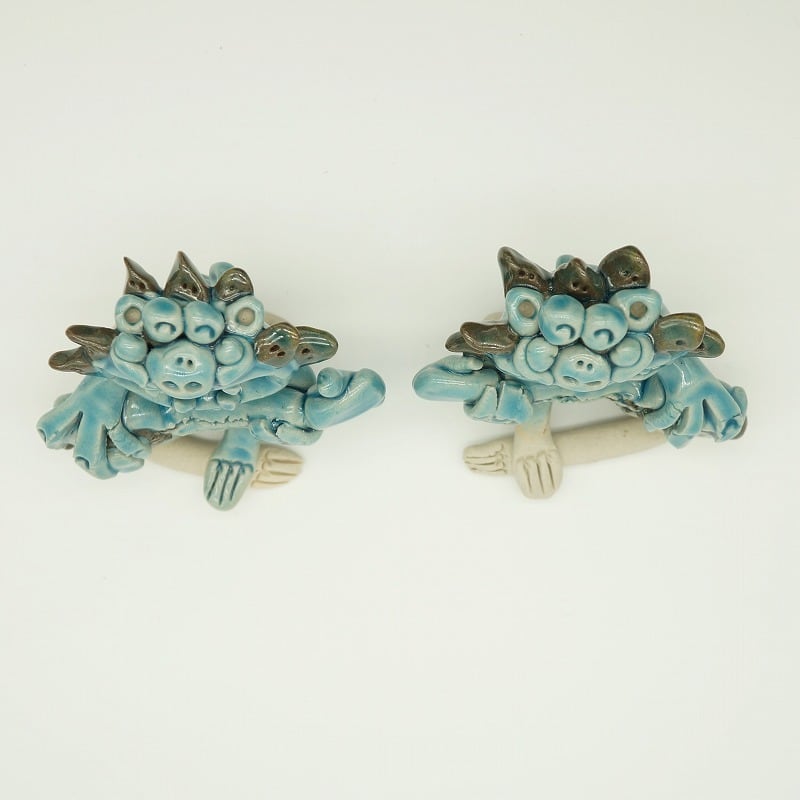 三線シーサー ＜ブルー／茶＞【玉城焼】 | 沖縄の工芸品 うぃーりきさん