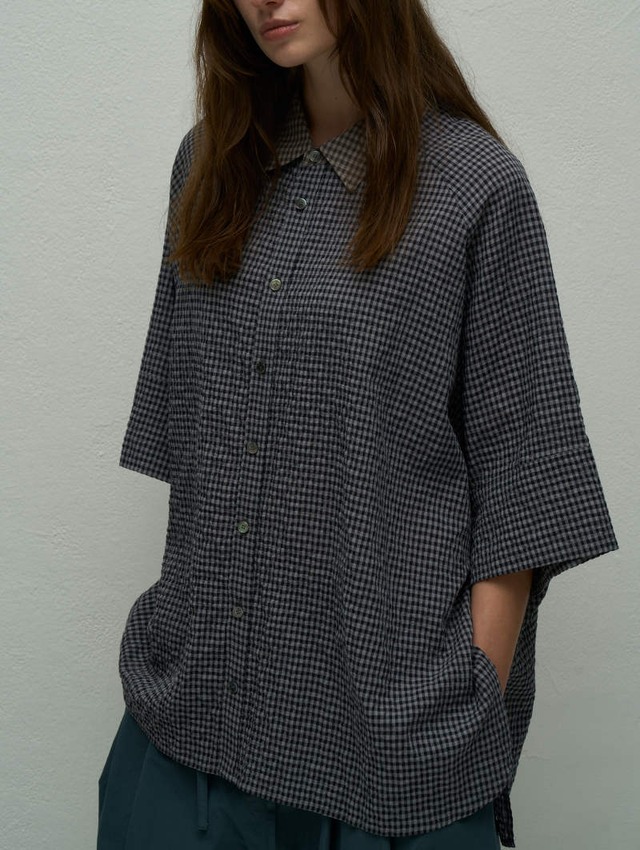 405. WYTE / ワイト craft linen ripple raglan SH シャツ (ネイビーck)  (11-12070)