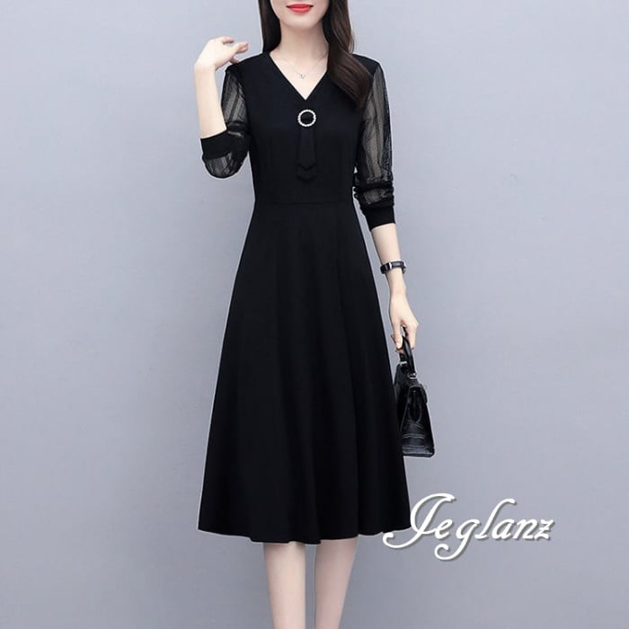 セミフォーマル ワンピース ブラック ドレス 透け感 上品(M8001)ζ