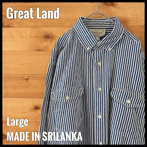 【Great Land】ストライプ柄 長袖シャツ ボタンダウン ブルー L ビッグサイズ US古着