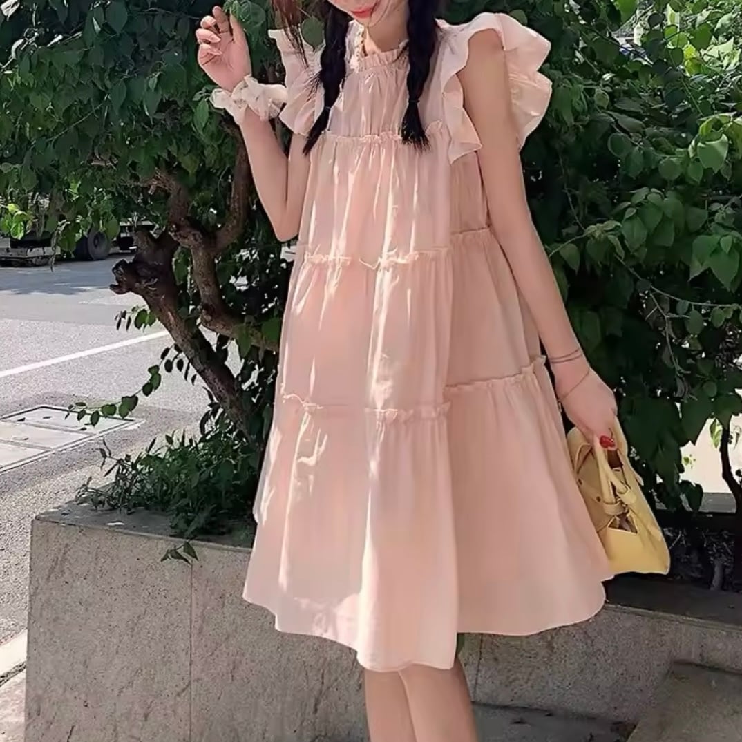 フリルフレンチスリーブティアードワンピース