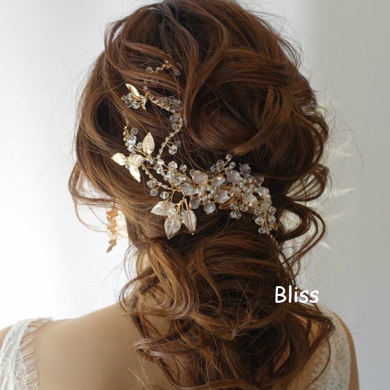 H-042 ウェディング アクセサリー【小枝 ゴールドフラワー&クリスタル ヘッドドレス】 ブライダル 髪飾り