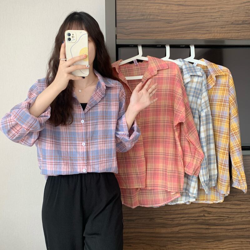 スタンダードシャツ トップス サマー薄手格子柄カーディガン ロング レトロ 夏物 1号婦人1630262506