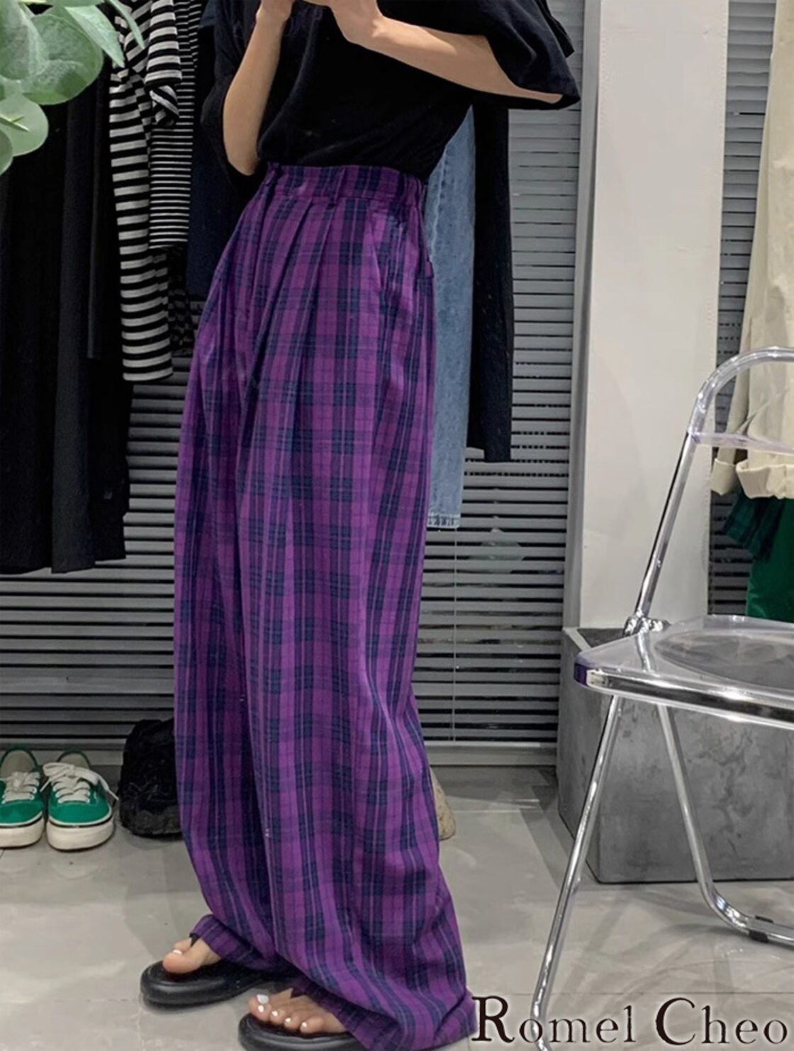 お支払い確認後20日以内発送】RomelCheo パープルチェックパンツ 紫