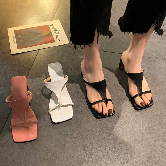 レッドサンダルミュールサマーヒール ハイヒール 靴 シューズ 夏物 スクウェア 部族の婦人靴39098577418