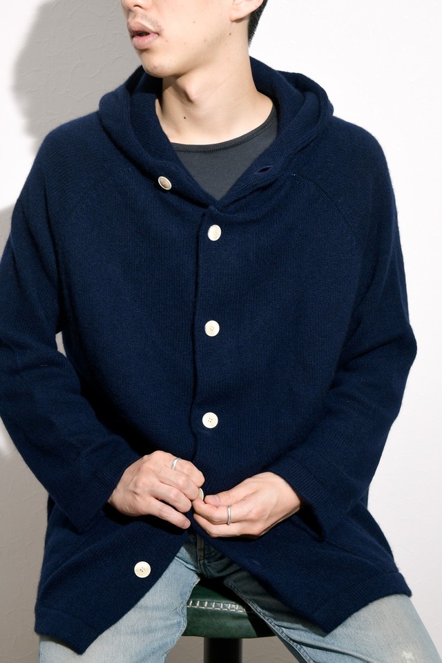 【新品】SUNSHINE＋CLOUD MINTENS限定品 Special cashmere Knit hood jacket Big size Made in JAPAN ／ サンシャインプラスクラウド ビッグサイズ カシミヤ フード ニット セーター ネイビー サイズ5 ビッグサイズ 日本製