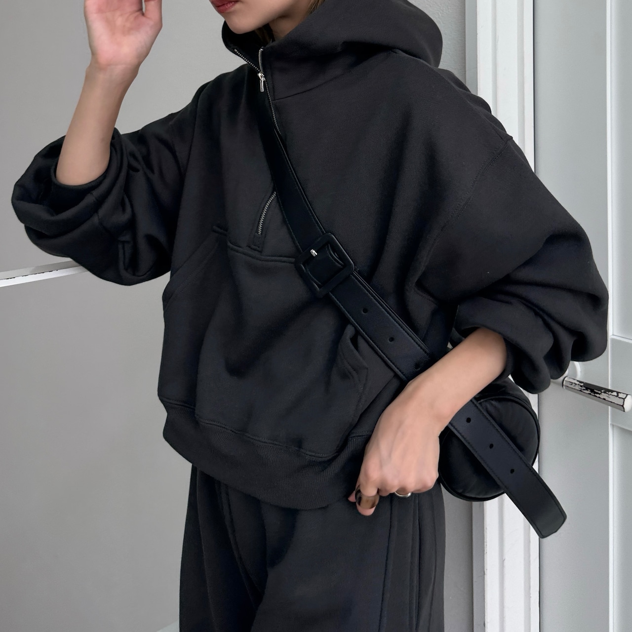 裏起毛ハーフZIPショート丈PK/チャコール