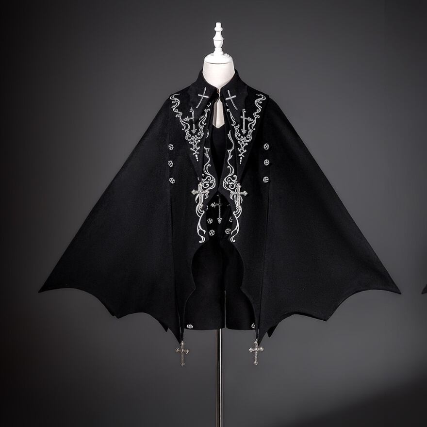 ゴシック十字刺繍マントコート｜ケープ風ブラックアウター・退廃