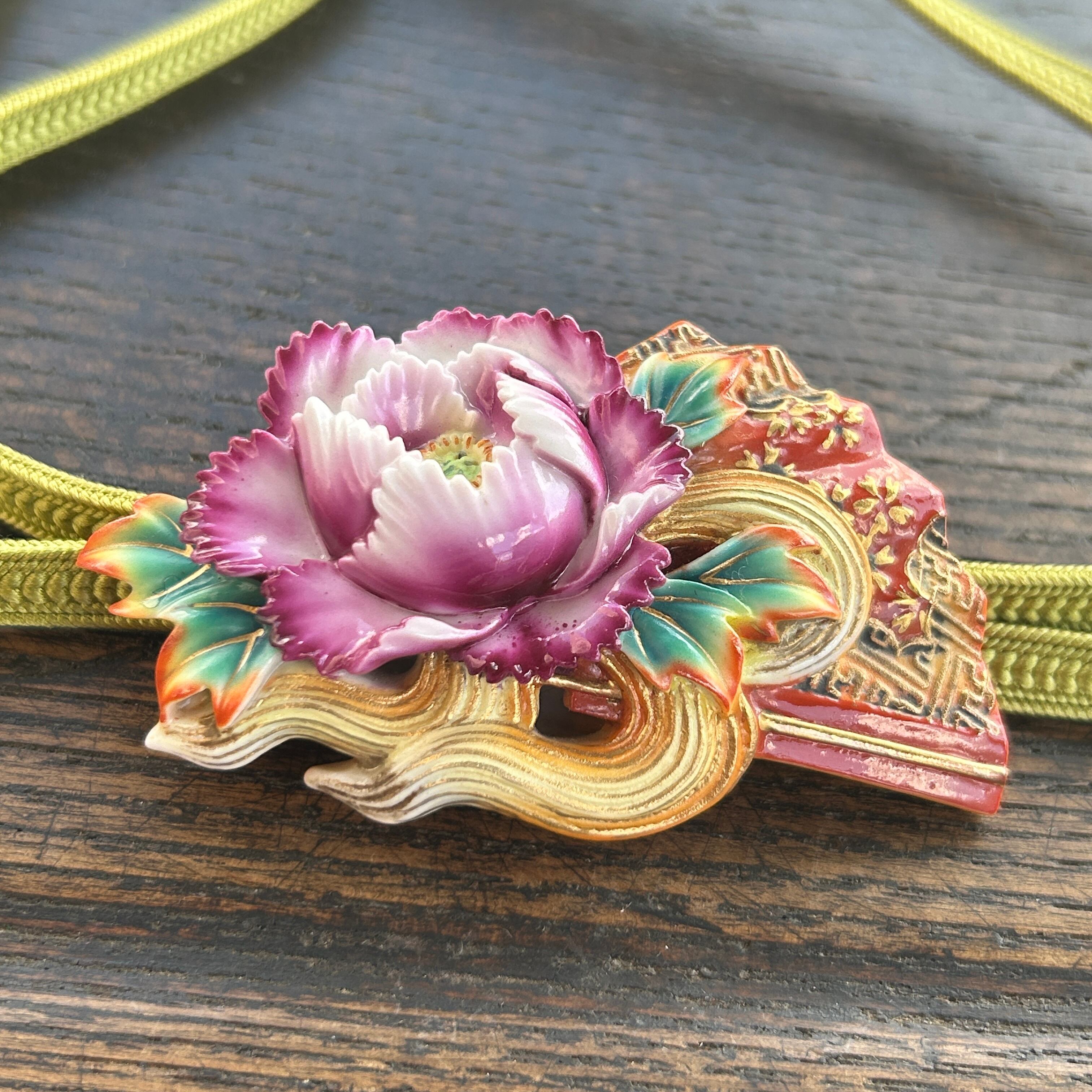 アンティークToshikaneJewelly  俊兼の大きな牡丹扇の帯留め　