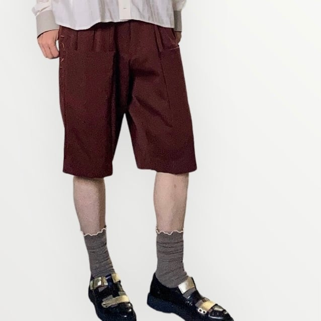 ZOZOTTE リメイク ハーフパンツ/バーガンディ/サイド刺繍/タック入り