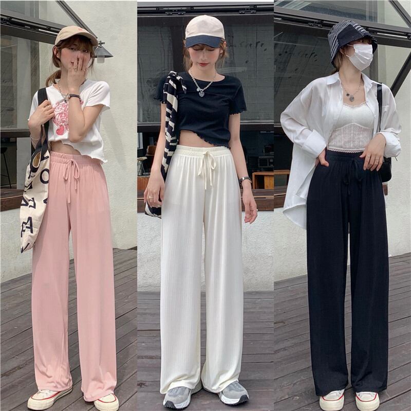 ワイドレッグパンツ ハイウェストウェストルーズサマー薄手カジュアル 夏物 ワイドパンツ ブラックストロベリース81478841134