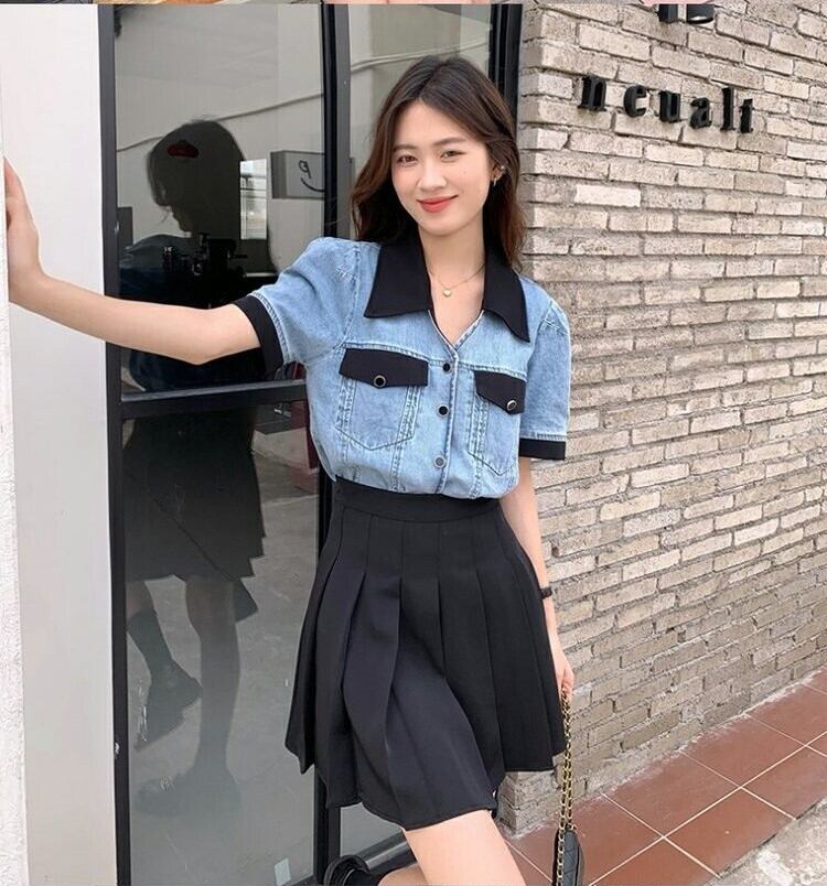 トップス シャツ 袖あり 半袖 襟付き ドッキング デニム ブルーデニム かわいい 大人可愛い カジュアル 大人 おしゃれ お洒落 かっこいい 大人女子 こなれ感 個性的 クール 存在感 春 夏 秋 10代 20代 レディース 女性用 オフィス ビジネス OL 通勤 学生 通学 デート お出かけ 公園デビュー 女子会 お泊まり 休日 パーティー イベント リゾート 旅行 海 プール 着回し スタイル M L XL 2XL 3XL 4XL 黒 ブラック 青 ブルー