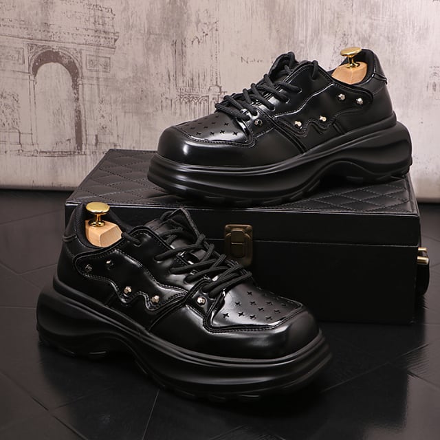 【予約販売】レザーシューズ 革靴 メンズ ローファー スニーカー 厚底 ゴツ底 靴 デザイン モード ブラック 黒 お洒落 カジュアル シック パーティー 結婚式 24cm/24.5cm/25cm/25.5cm/26cm/26.5cm