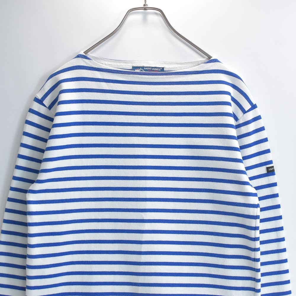 SAINT JAMES セントジェームス Tシャツ カットソー ボートネック ボーダー柄 左袖ロゴタグ バスクシャツ ウエッソン フレンチカジュアル マリン ホワイト ブルー USED ヴィンテージ ビンテージ 古着 レディースMサイズ相当