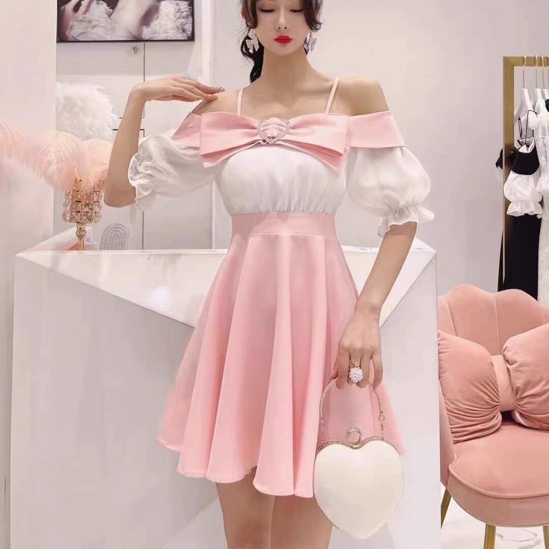 2カラー】黒 ピンク ワンピース リボン オフショルダー | LOVEYsmileSHOP