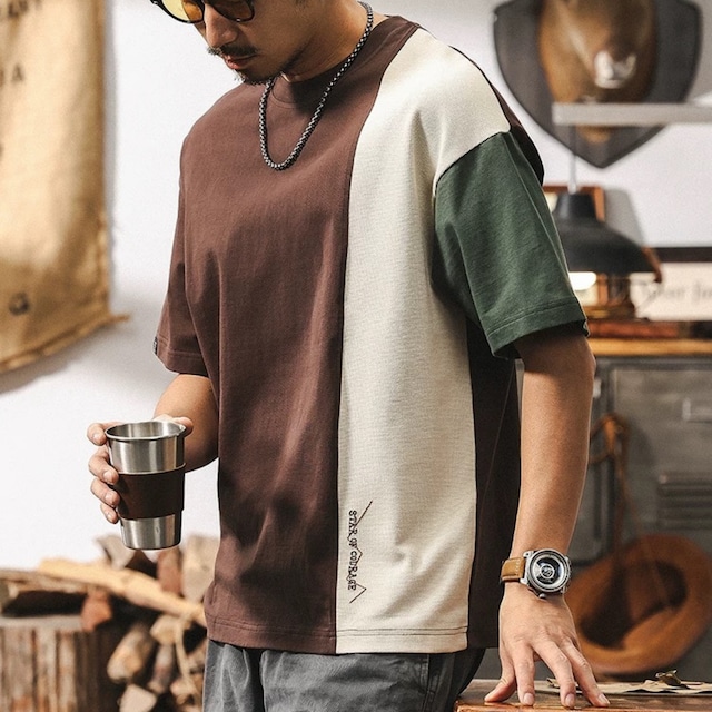 クルーネック サイドスリット 切り替えデザインTシャツ 00444
