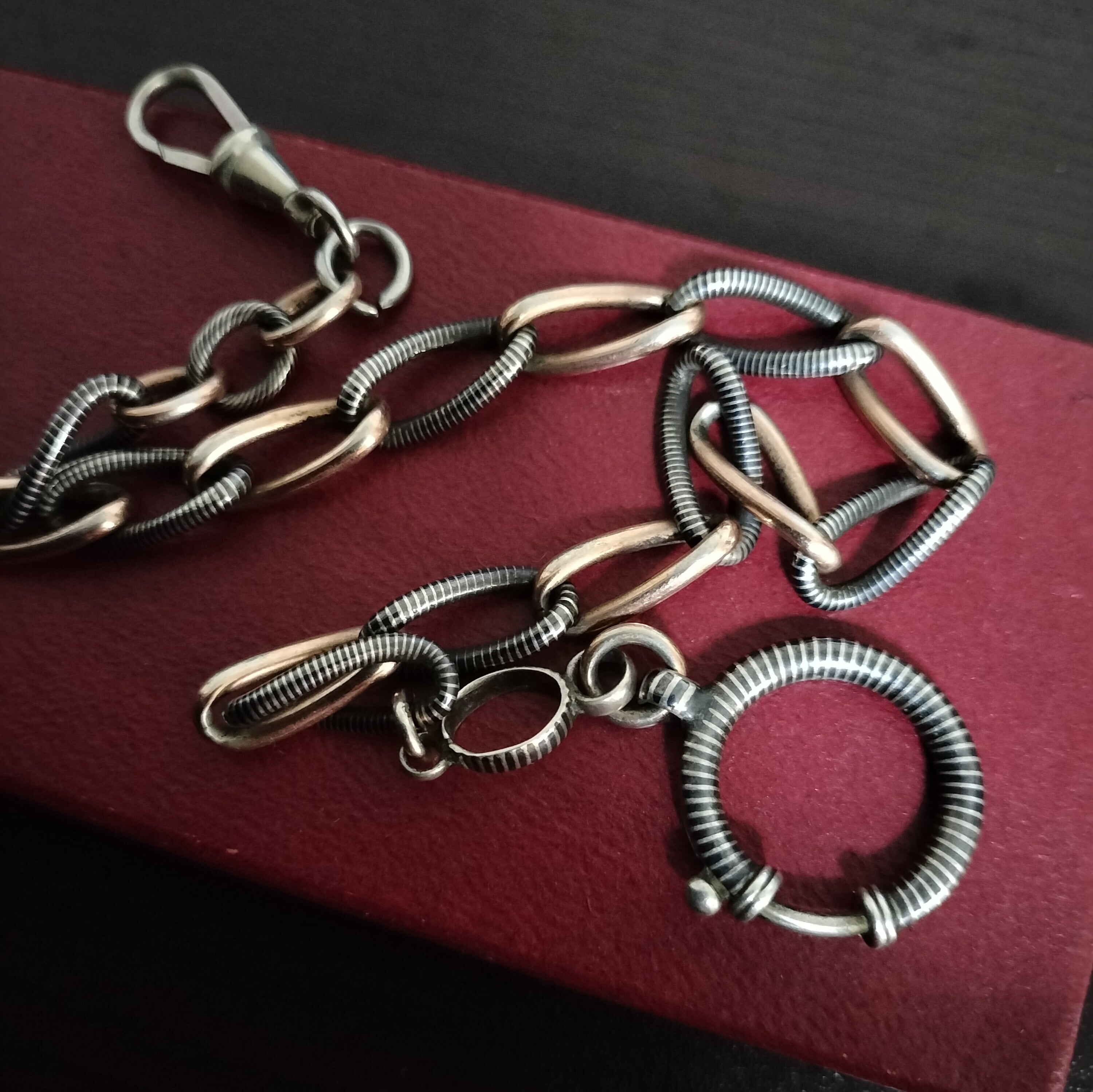 Large Niello Silver & Vermeil Gold Pocket Watch Chain