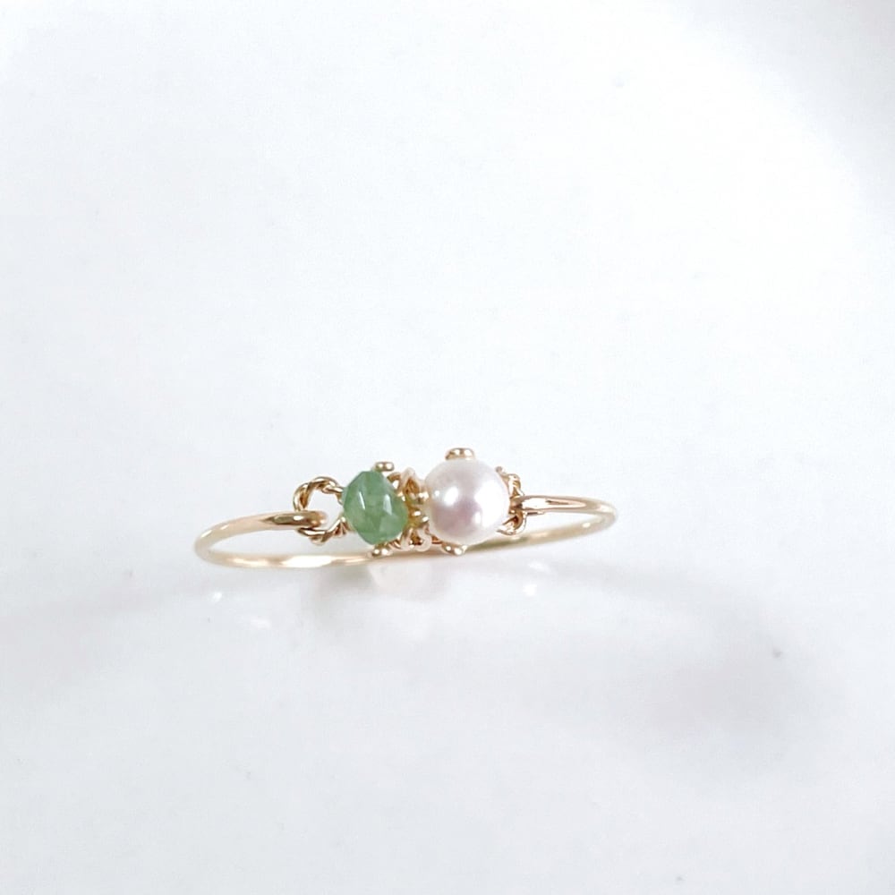 コロンビア産エメラルド 淡水パール K14gf立爪ふうリング | 柔らかな新緑と真珠が輝く指輪