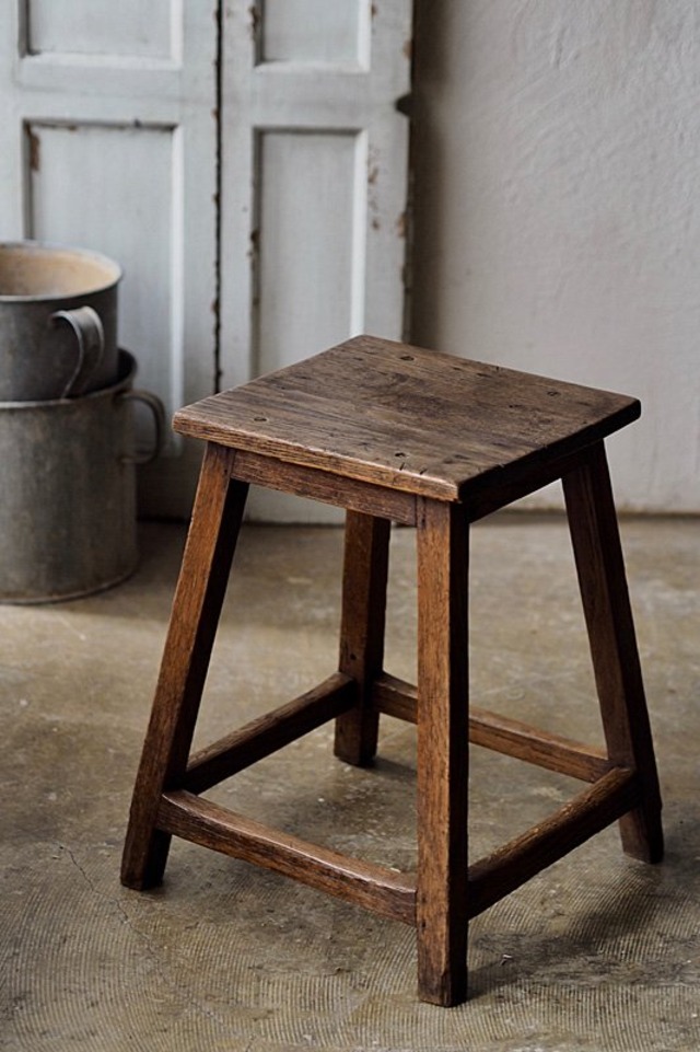 四角いオークスツール-antique square oak stool