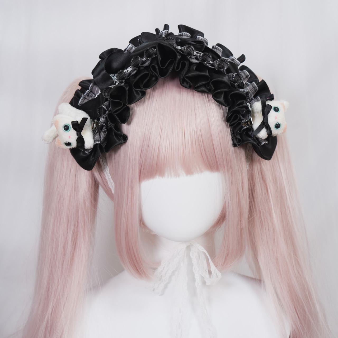 ♡【marie maison de mieux × Sayakadoll by saya】【受注生産】とびネコ＆クラシカルチェックフリルサテンリボンヘッドドレス gray ♡