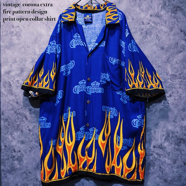 【doppio】vintage  corona extra fire pattern design print open collar shirt