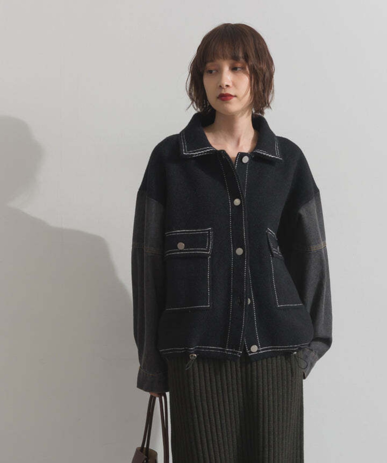 HD2510025 配色ステッチニットジャケットカーディガン black